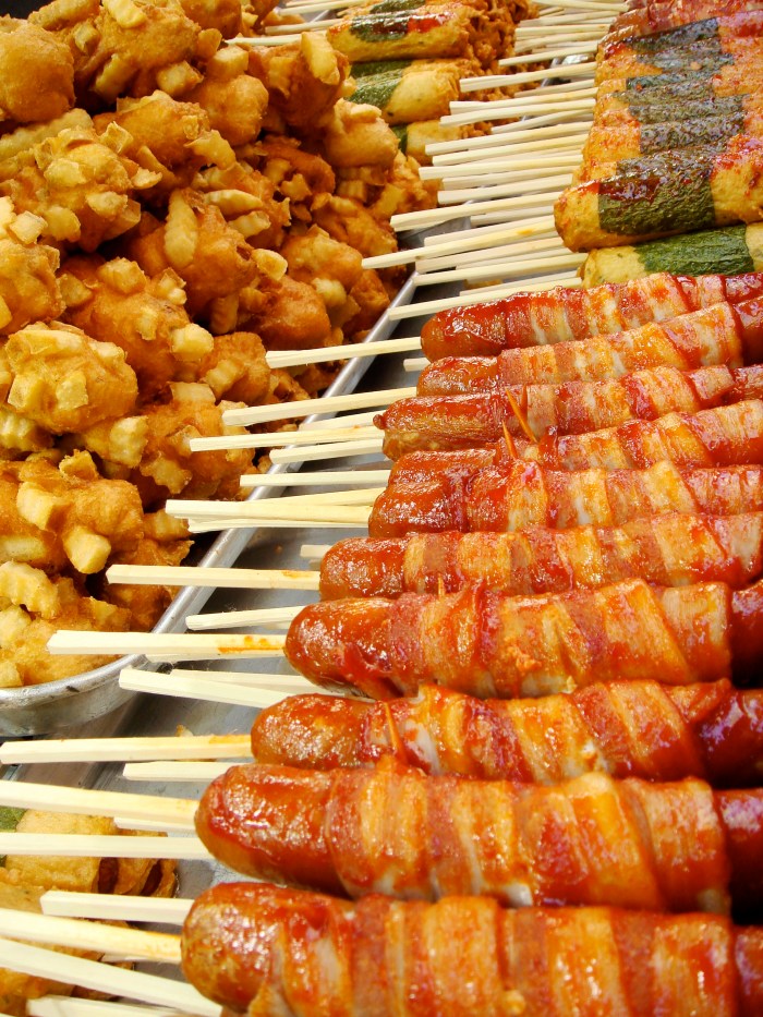 Bacon wrapped Seoul hot dogs