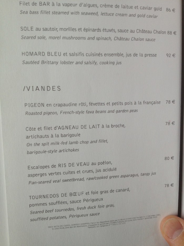 Jules Verne restaurant menu