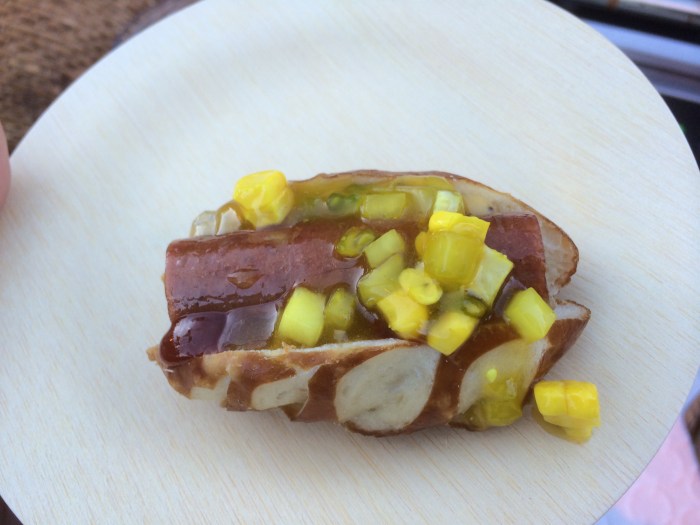 hot dog in pretzel roll