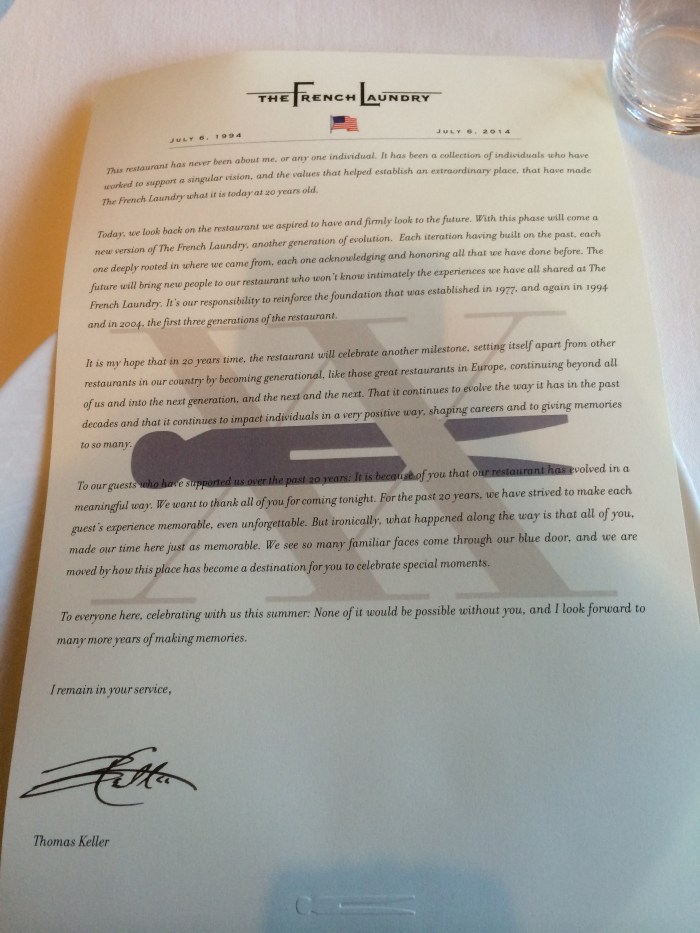 The French Laundry special dinner Mission Statement