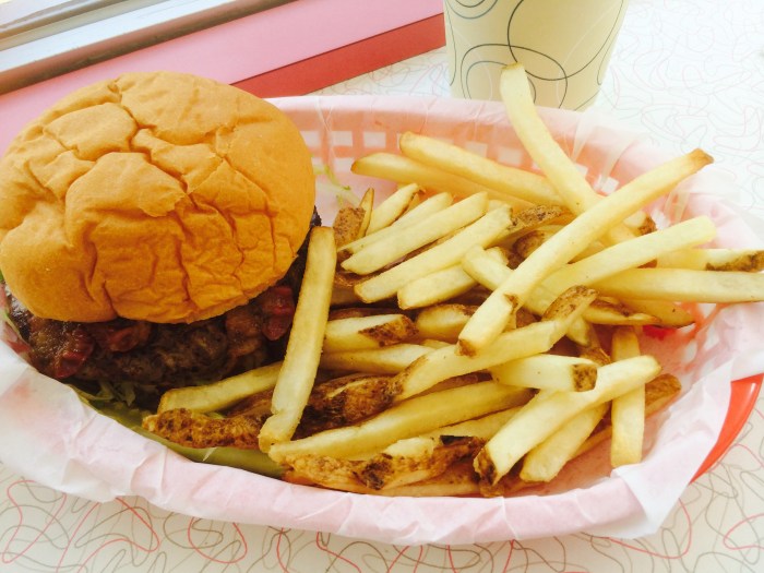 Bacon cheeseburger and fries