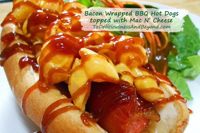 bacon-wrapped-bbq-hot-dogs-topped-with-mac-n-cheese