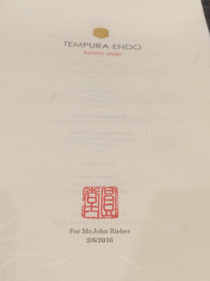 Tempura Endo Beverly Hills Menu