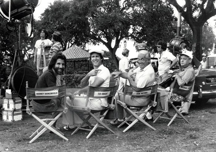 CADDYSHACK, from left: Executive Producer Jon Peters, Chevy Chase, Ted Knight, Rodney Dangerfield, 1980. © Orion Pictures/ Courtesy: Everett Collection