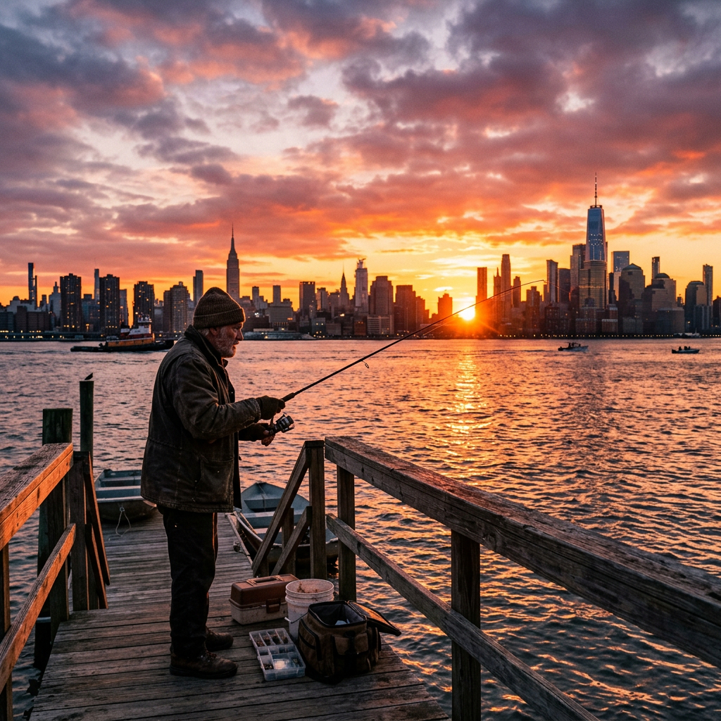 Man fishing on wooden pier at sunset with New York City skyline