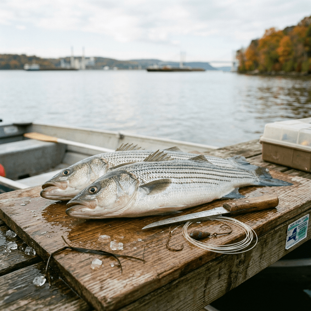 Two striped bass lying on a wooden board next to fishing gear by a river.