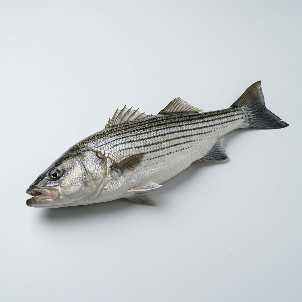 Man holding a large striped bass fish on a boat with a suspension bridge in the background