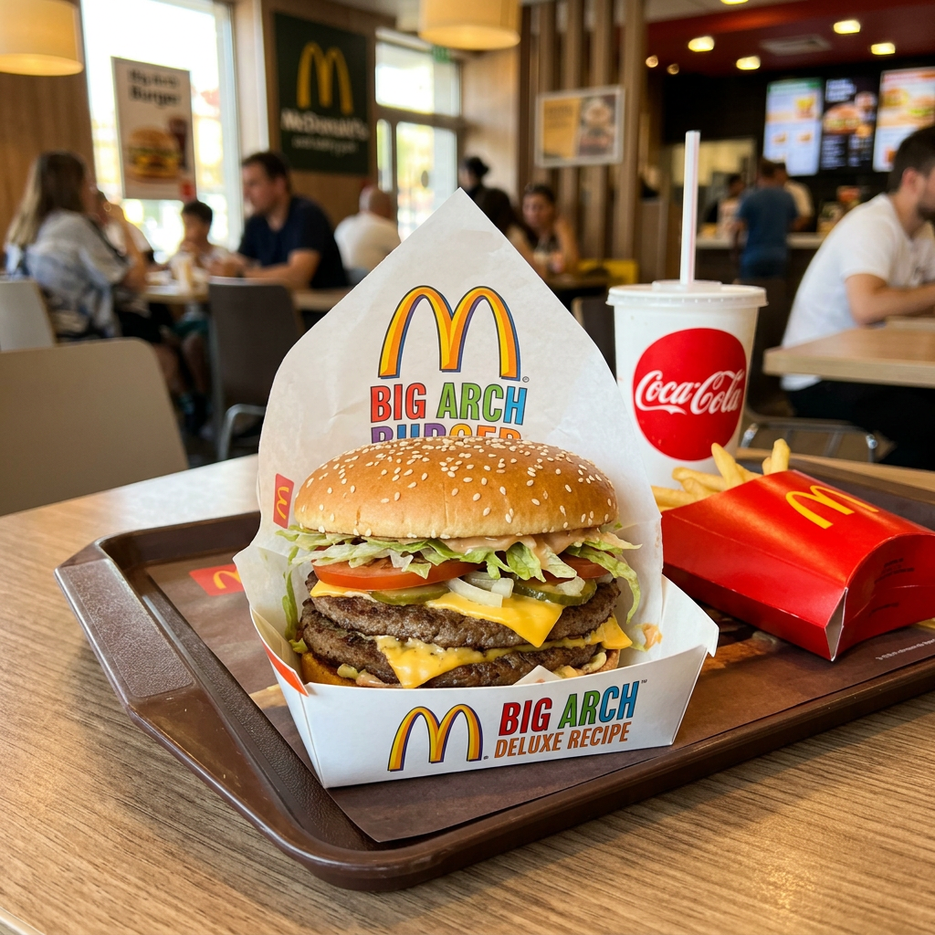 Big Arch Burger with lettuce, tomato, cheese, and pickles, fries, and Coca-Cola cup on tray