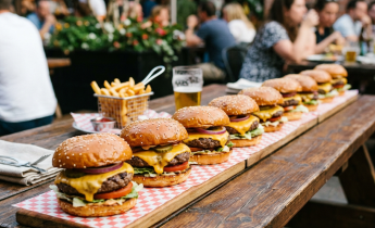 Ten cheeseburgers with lettuce, tomato, pickles, onions, and melted cheese on sesame seed buns on a long wooden board