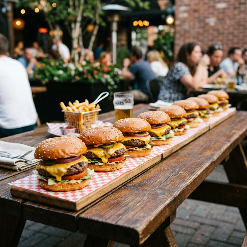 Ten cheeseburgers with lettuce, tomato, pickles, onions, and melted cheese on sesame seed buns on a long wooden board