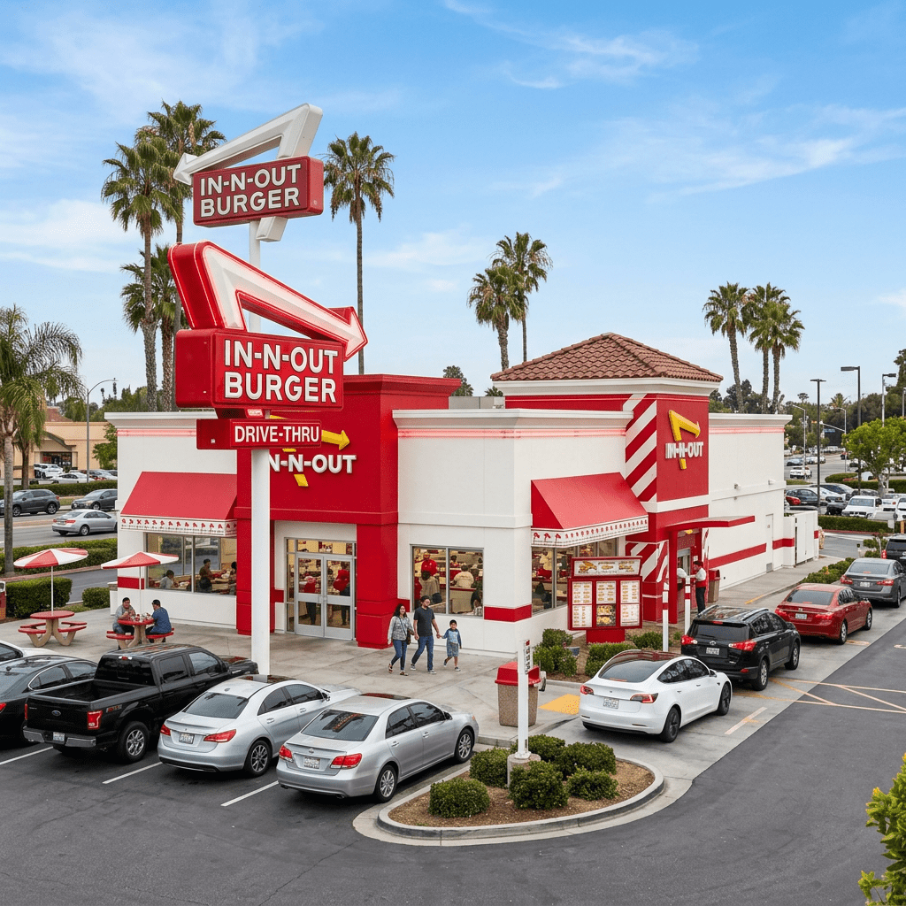 In-N-Out Burger restaurant with drive-thru line and parked cars