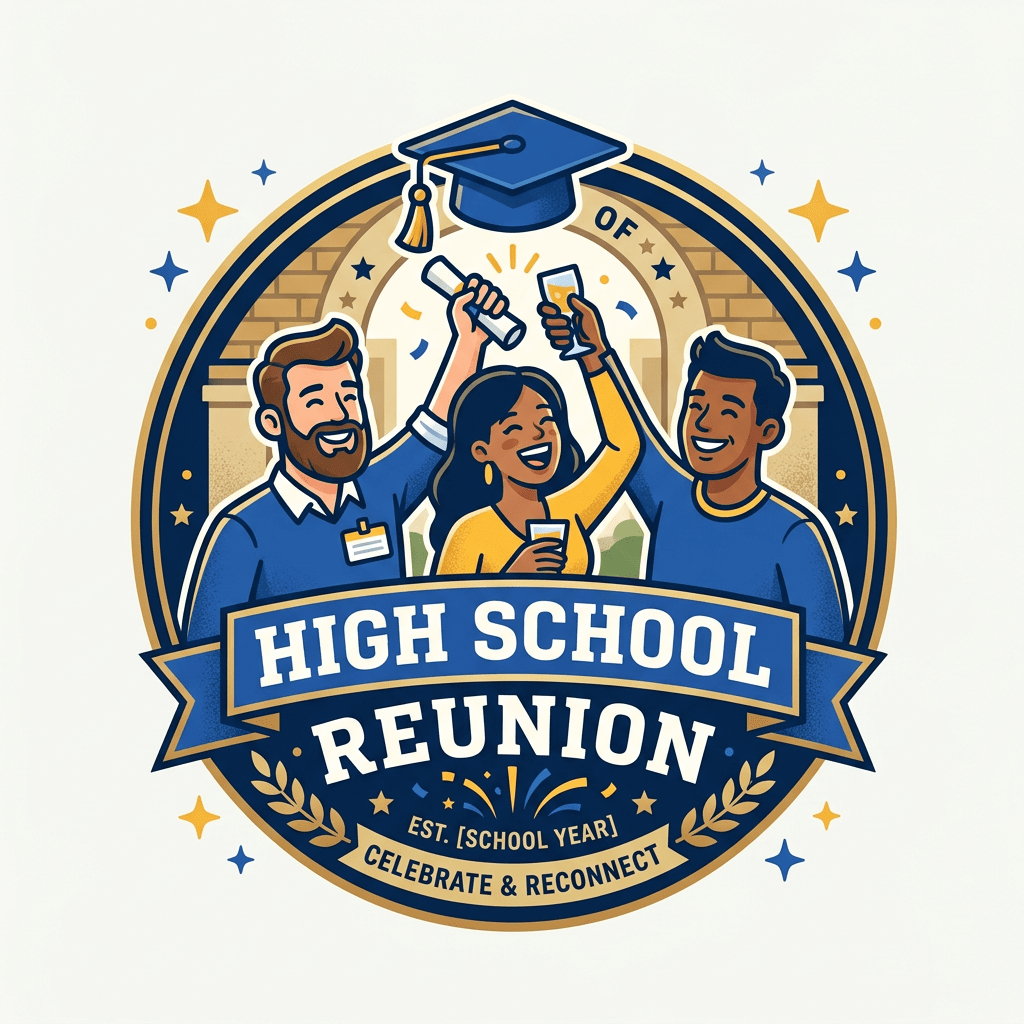Illustration of three diverse people celebrating a high school reunion with drinks and a diploma under a graduation cap