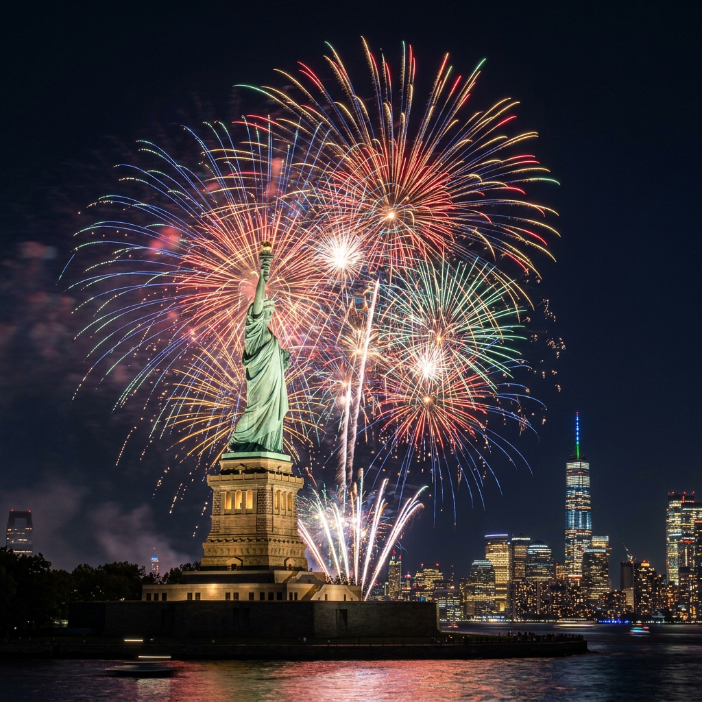 Statue of Liberty with colorful fireworks exploding in night sky over New York City skyline