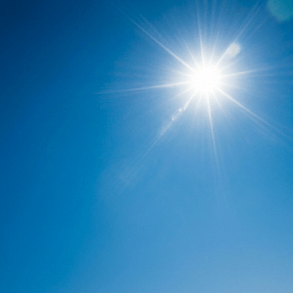 Bright sun shining in a clear blue sky above a grassy field with shrubs