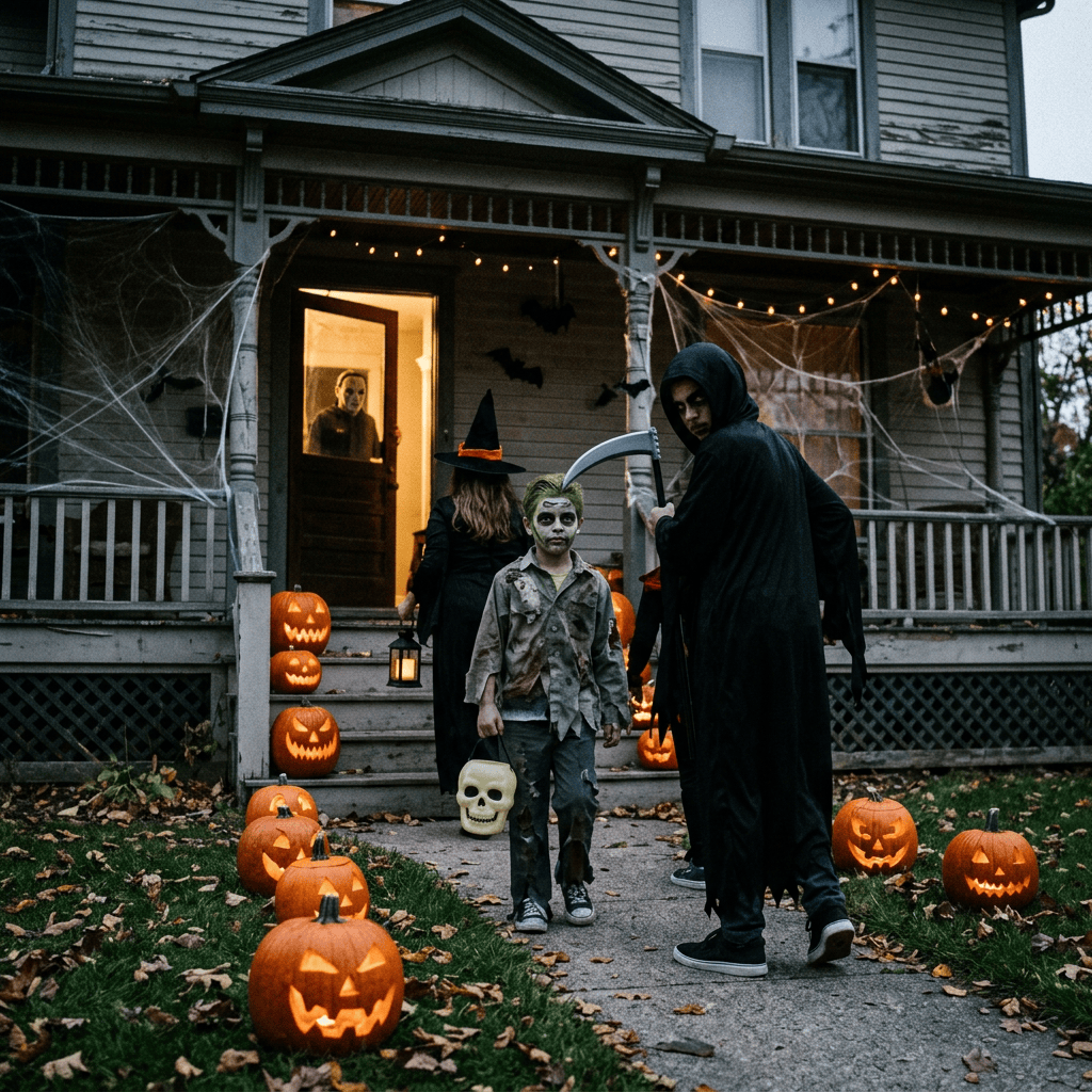 Children in Halloween costumes walking past decorated porch with carved pumpkins